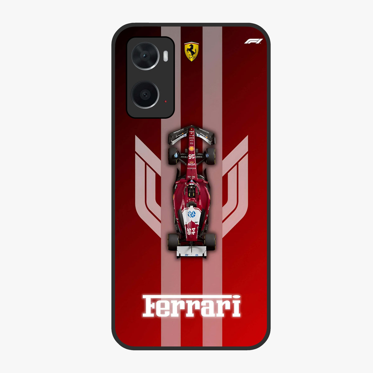 Red Ferrari F1 Vertical Glass Case showing flat back view with sleek Formula racing car artwork and glossy glass finish.