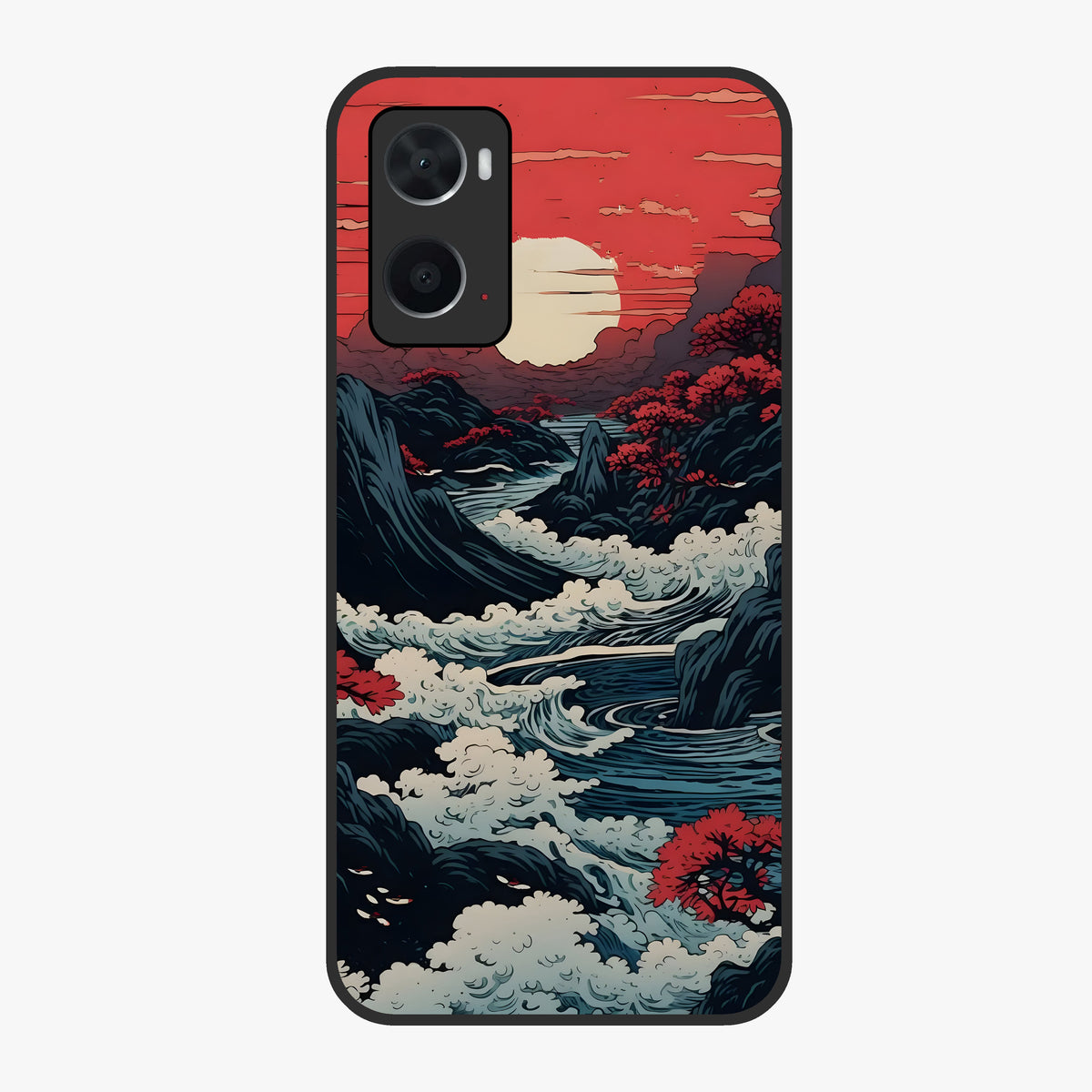 Red Sunset Scenery Glass Case showing flat back view with vibrant sunset landscape artwork and glossy glass finish.
