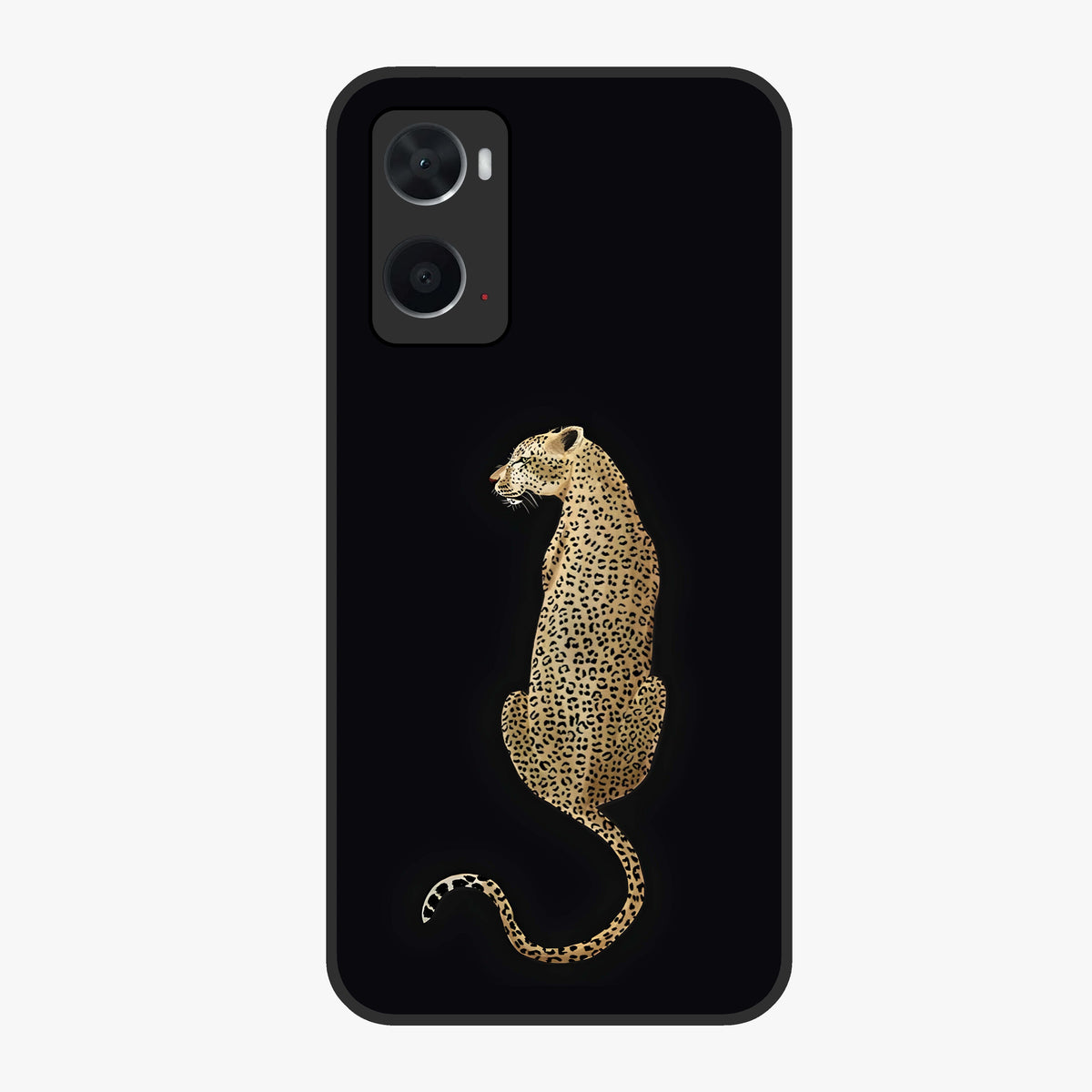 Regal Leopard Glass Case showing flat back view with bold leopard artwork and glossy glass finish.