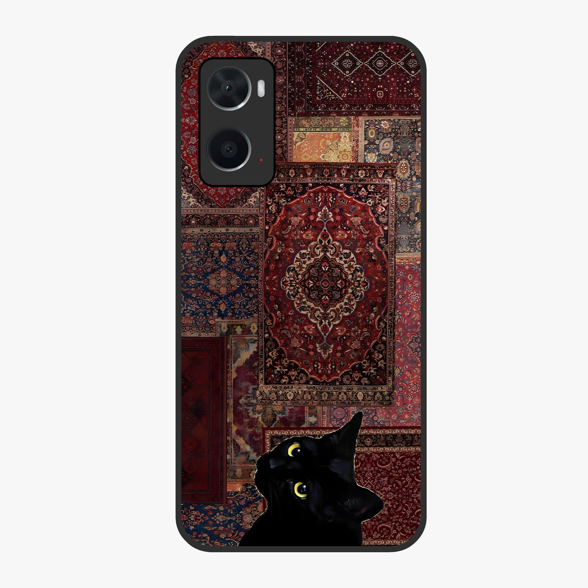 Regal Magic Cat Apple Glass Case showing flat back view with magical cat artwork holding apple and glossy glass finish.