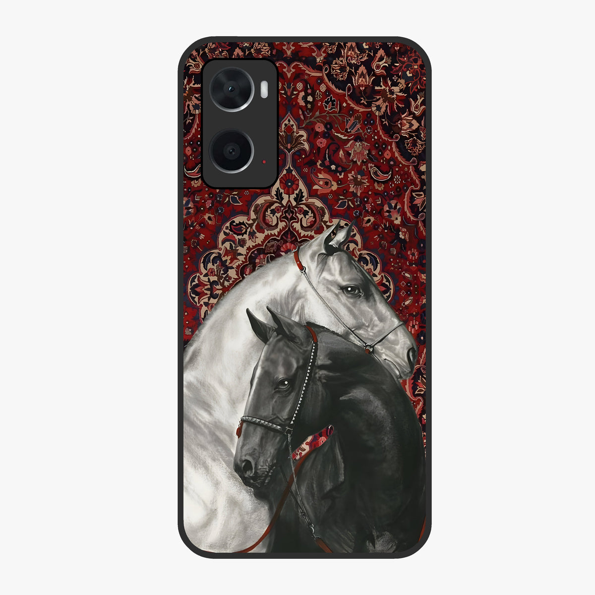 Regal Stallion Tapestry Glass Case showing flat back view with majestic horse tapestry artwork and glossy glass finish.