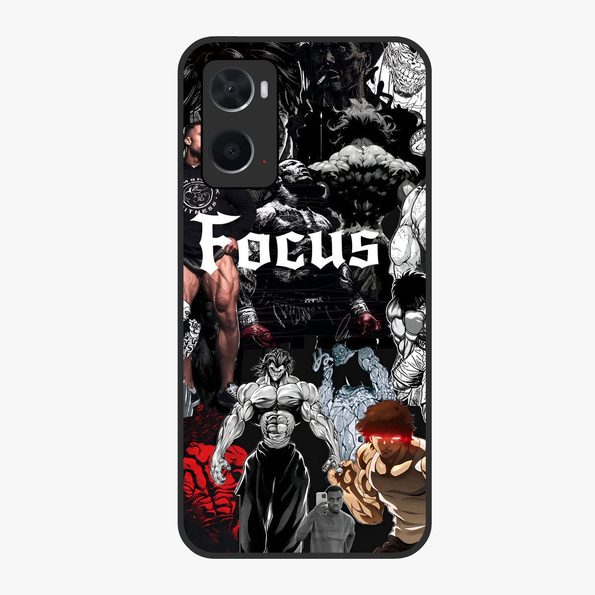 Relentless Power Focus Glass Case showing flat back view with motivational typography artwork and glossy glass finish.