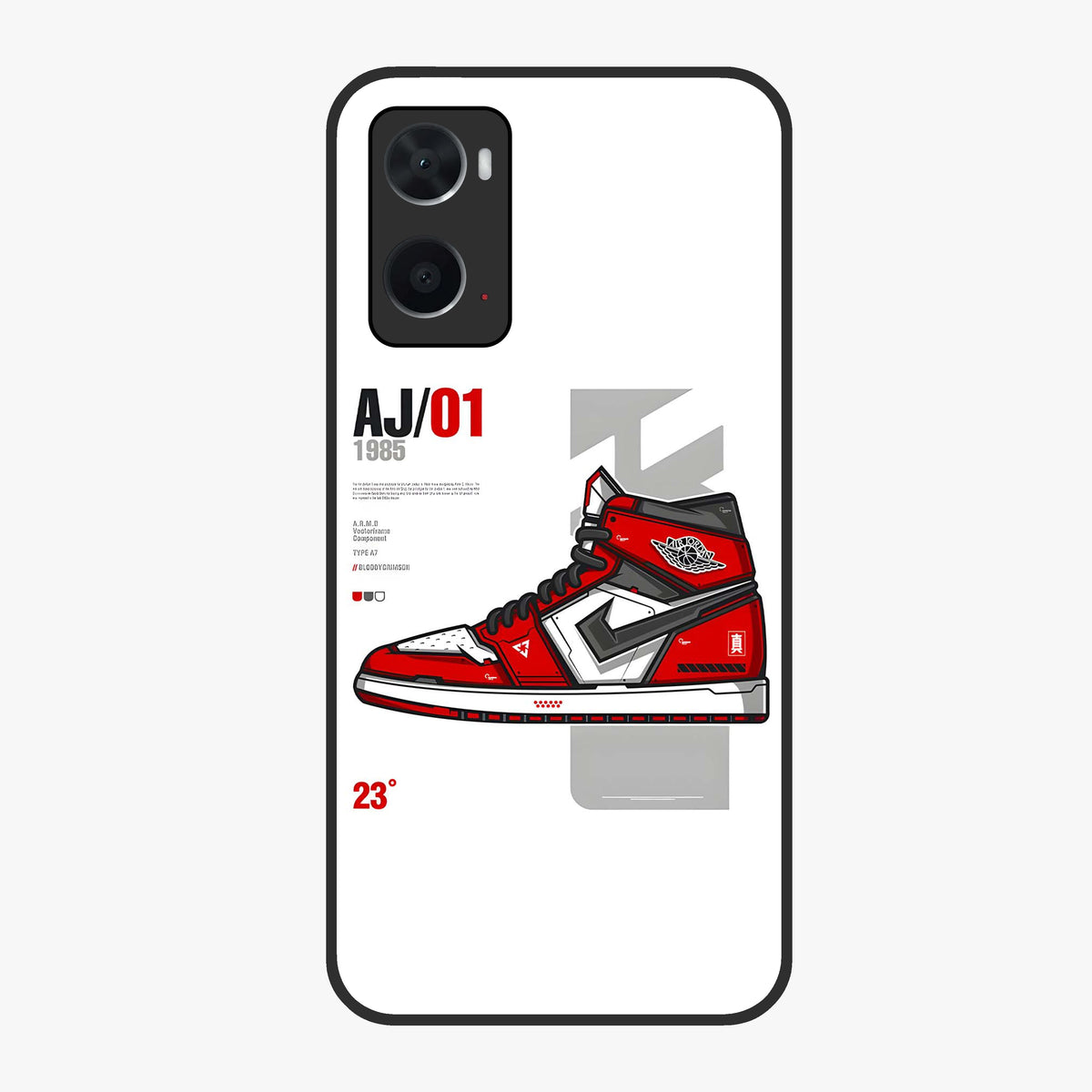 Retro Sneaker Blueprint Glass Case showing flat back view with sneaker blueprint style artwork and glossy glass finish.