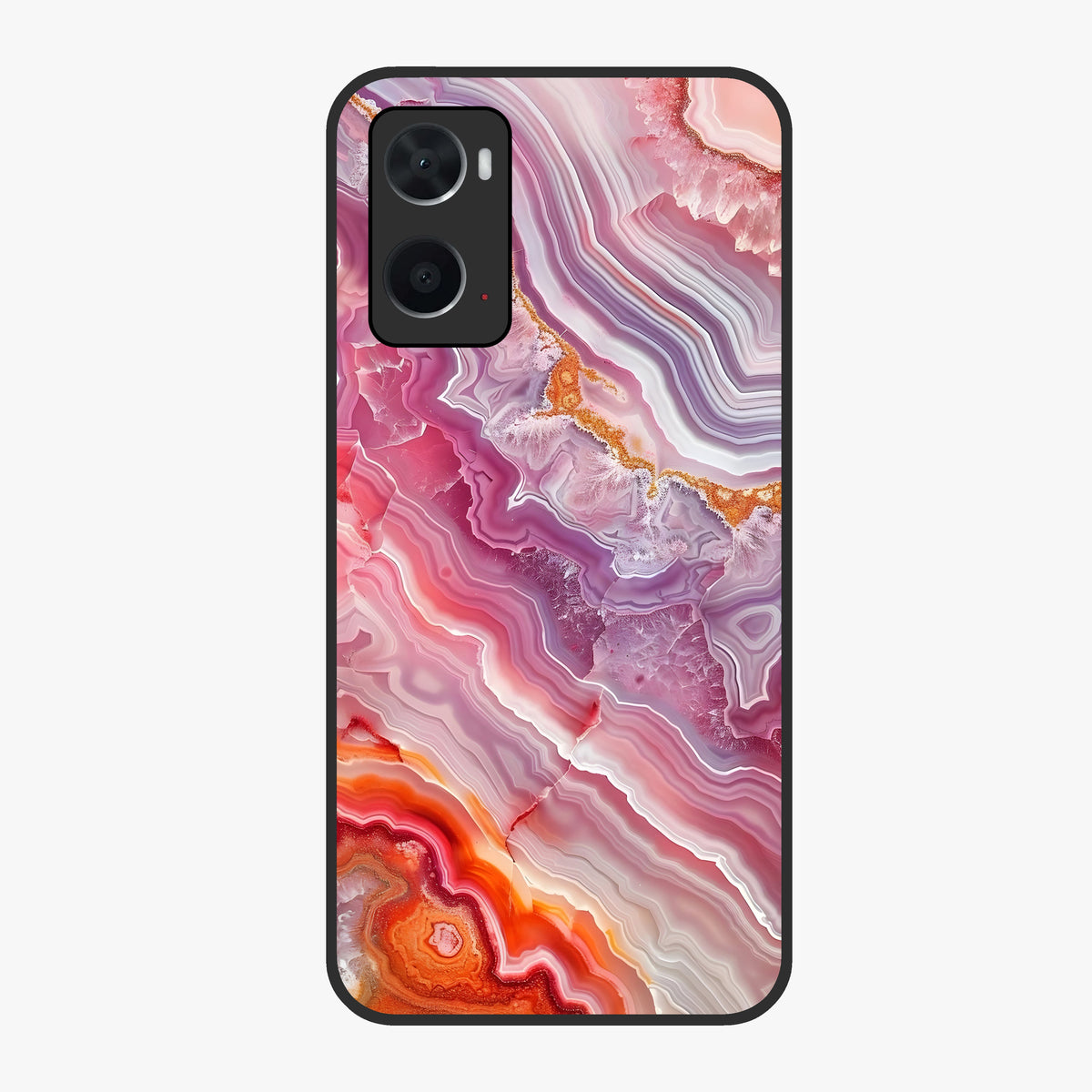 Rose Quartz Marble Glass Case showing flat back view with pink marble quartz texture artwork and glossy glass finish.