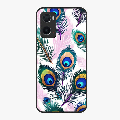 Royal Peacock Feathers Glass Case showing flat back view with colorful peacock feather artwork and glossy glass finish.