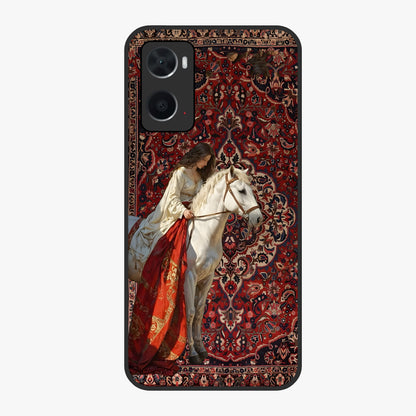 Royal Rider Tapestry Glass Case showing flat back view with majestic horse rider tapestry artwork and glossy glass finish.