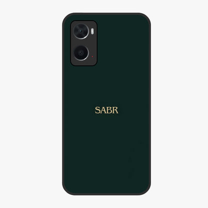 Sabr Minimal Patience Glass Case showing flat back view with minimalist typography artwork and glossy glass finish.