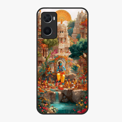 Sacred Sunlight Gods Glass Case showing flat back view with divine sunlight themed artwork and glossy glass finish.