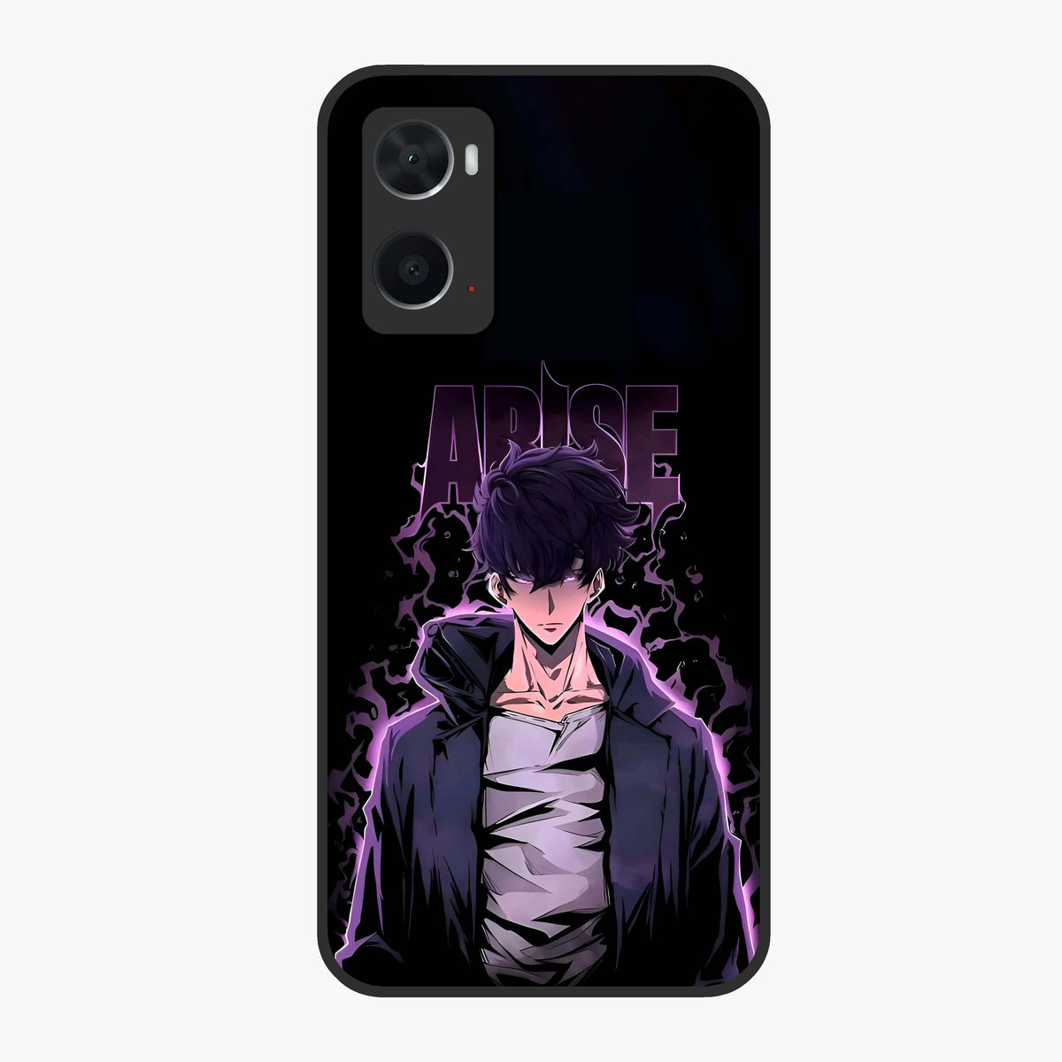 Shadow Monarch Awakening Glass Case showing flat back view with powerful dark monarch themed artwork and glossy glass finish.
