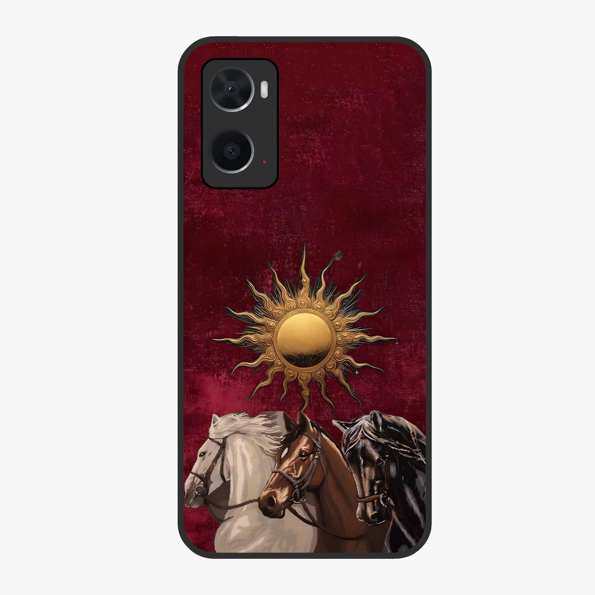 Solar Riders Glass Case showing flat back view with dynamic rider themed artwork and glossy glass finish.