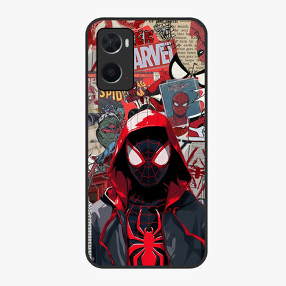 Spider Collage Street Glass Case showing flat back view with vibrant superhero collage artwork and glossy glass finish.