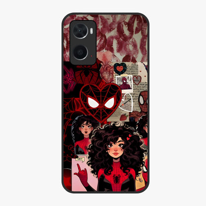 Spider Love Story Glass Case showing flat back view with romantic superhero themed artwork and glossy glass finish.
