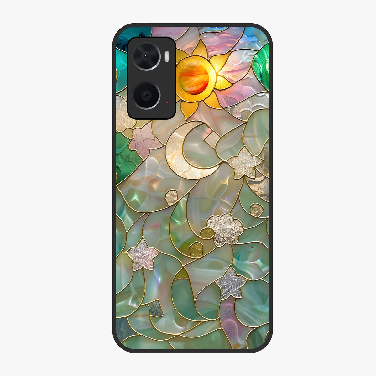 Stained Sunrise Glow Glass Case showing flat back view with glowing sunrise stained pattern artwork and glossy glass finish.