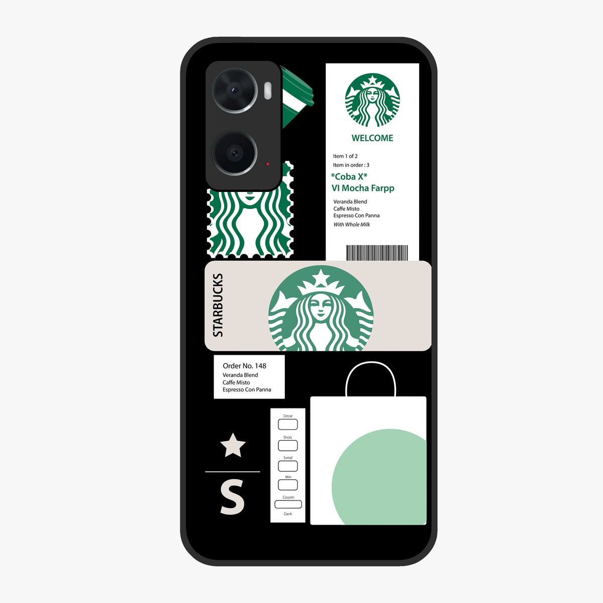Starbucks Mocha Glass Case showing flat back view with coffee inspired artwork and glossy glass finish.