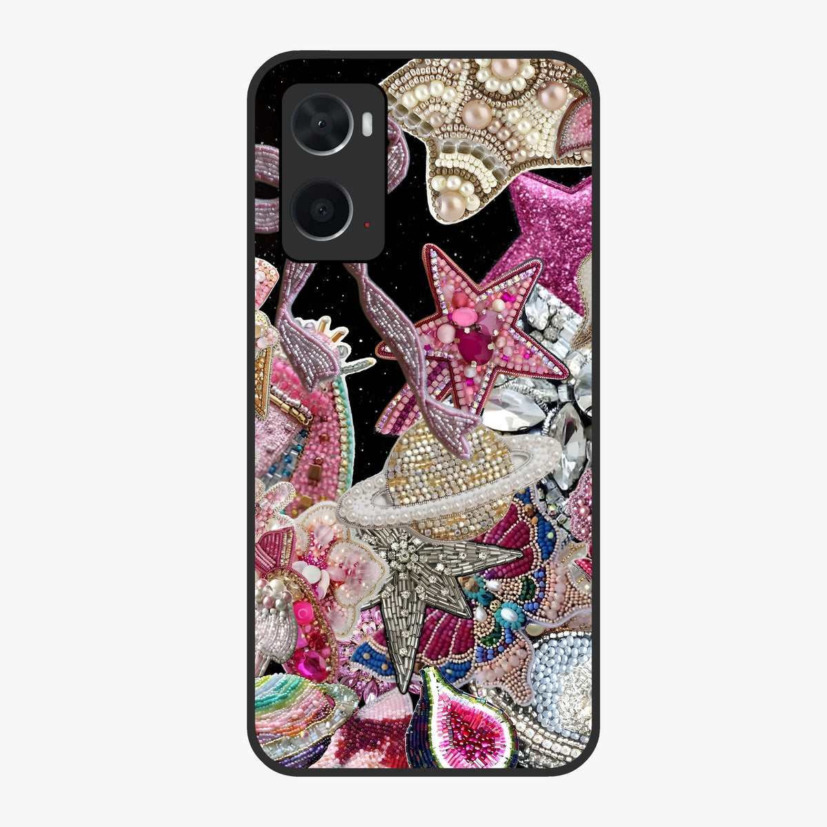 Starlit Jewel Dream Glass Case showing flat back view with sparkling jewel and star themed artwork and glossy glass finish.