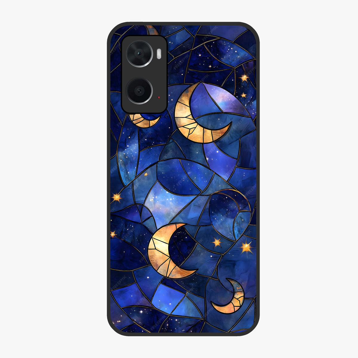 Starlit Sky Tapestry Glass Case showing flat back view with decorative starry sky tapestry artwork and glossy glass finish.