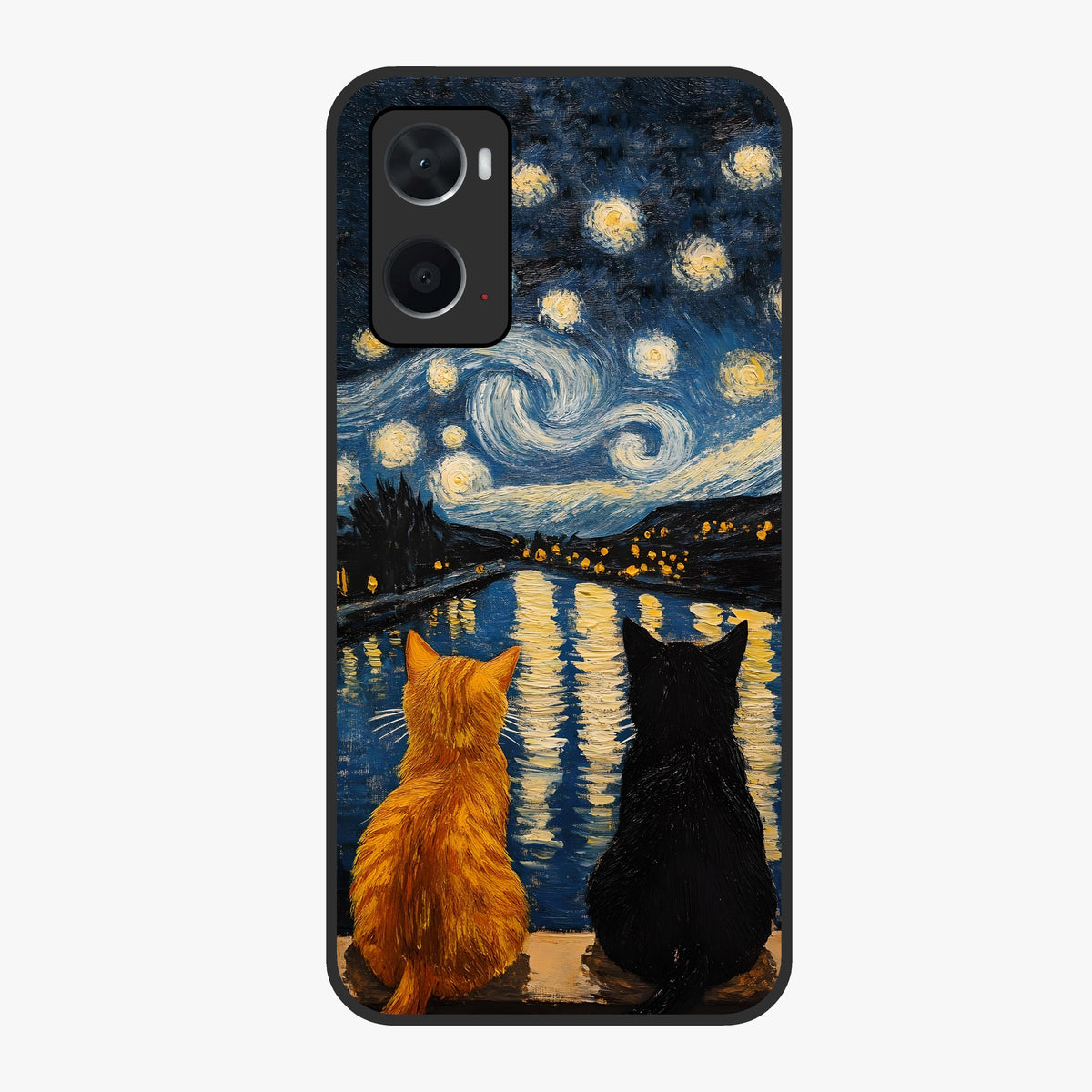 Starry River Cats Glass Case showing flat back view with cats by a starry river artwork and glossy glass finish.