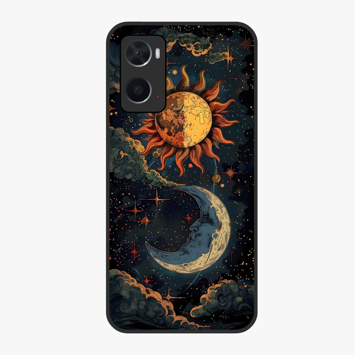 Sun And Moon Magic Design Glass Case showing flat back view with mystical sun and moon artwork and glossy glass finish.