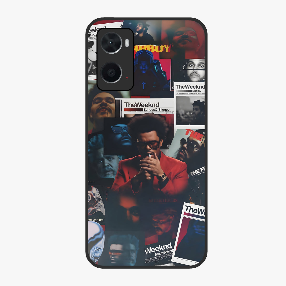 The Weeknd Glass Case showing flat back view with music inspired artistic portrait artwork and glossy glass finish.