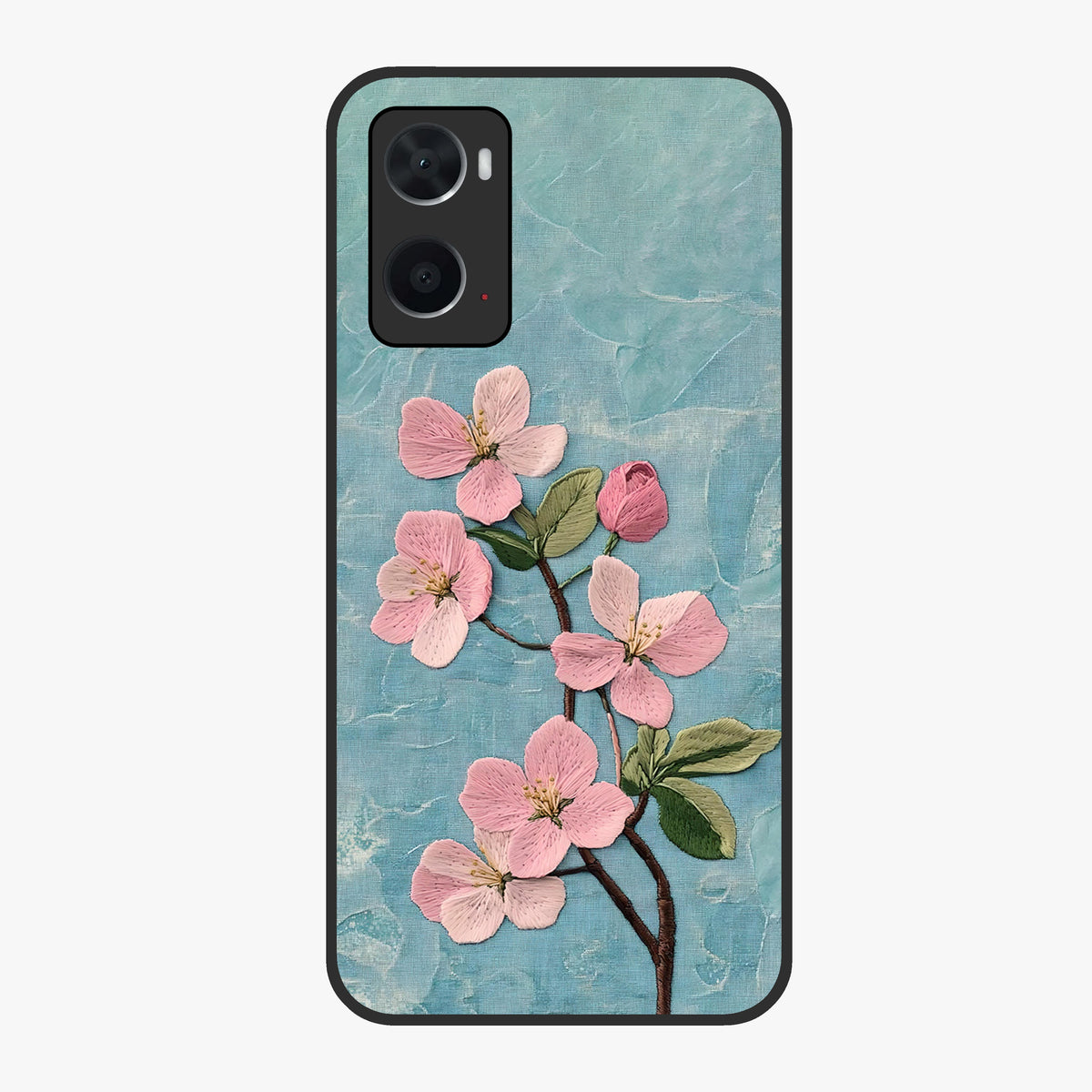 Threaded Blossom Breeze Glass Case showing flat back view with delicate blossom artwork and glossy glass finish.