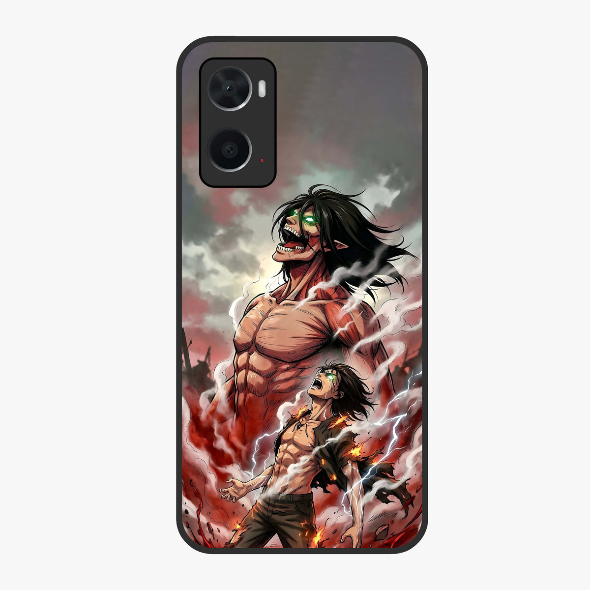 Titan Awakening Fury Glass Case showing flat back view with powerful titan inspired artwork and glossy glass finish.