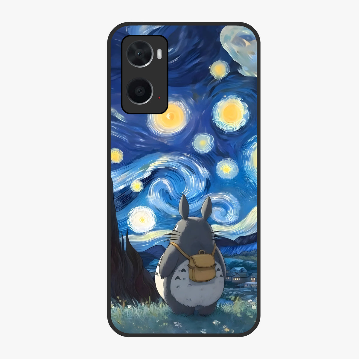 Totoro In Van Gogh Art Glass Case showing flat back view with whimsical character artwork inspired by Van Gogh style and glossy glass finish.