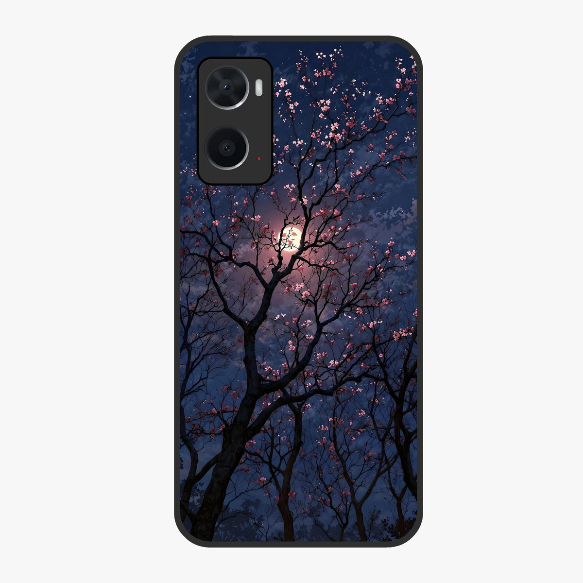 Twilight Sakura Serenade Glass Case showing flat back view with cherry blossom artwork at twilight and glossy glass finish.