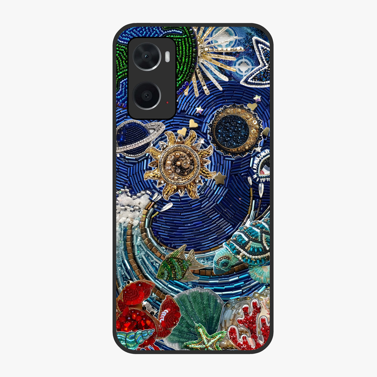 Universe Underwater Spark Glass Case showing flat back view with cosmic underwater themed artwork and glossy glass finish.
