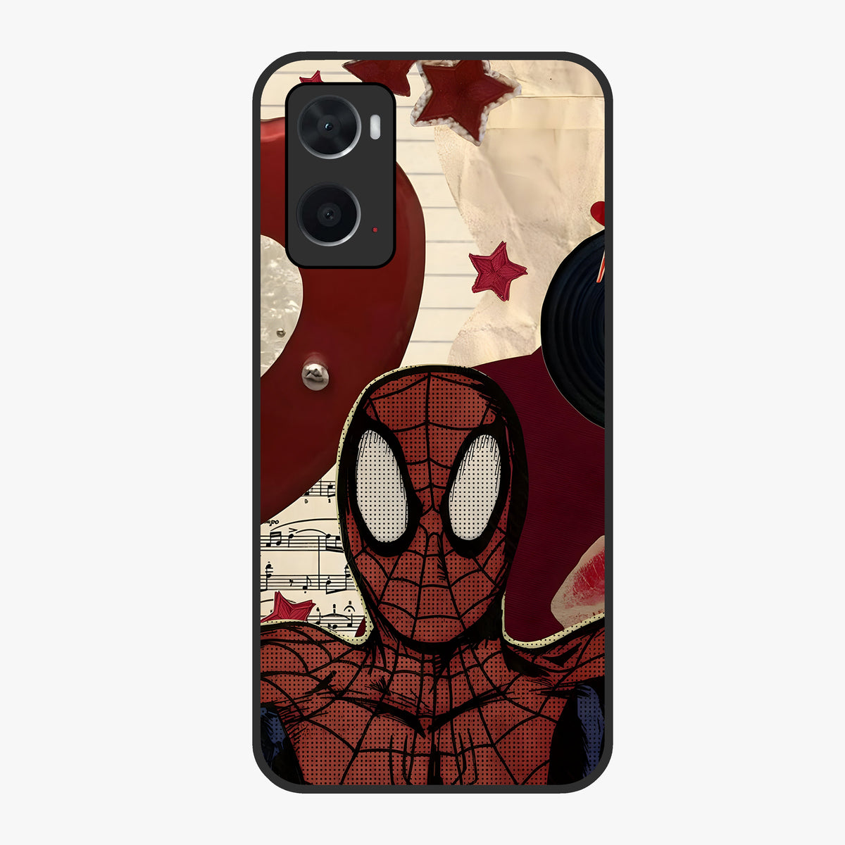 Web Warrior Vibes Glass Case showing flat back view with superhero inspired web themed artwork and glossy glass finish.