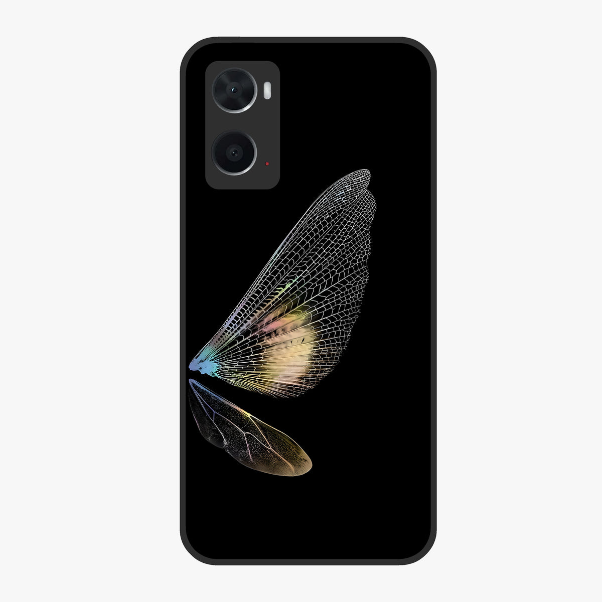 Whispers Of Wings Glass Case showing flat back view with graceful wing inspired artwork and glossy glass finish.