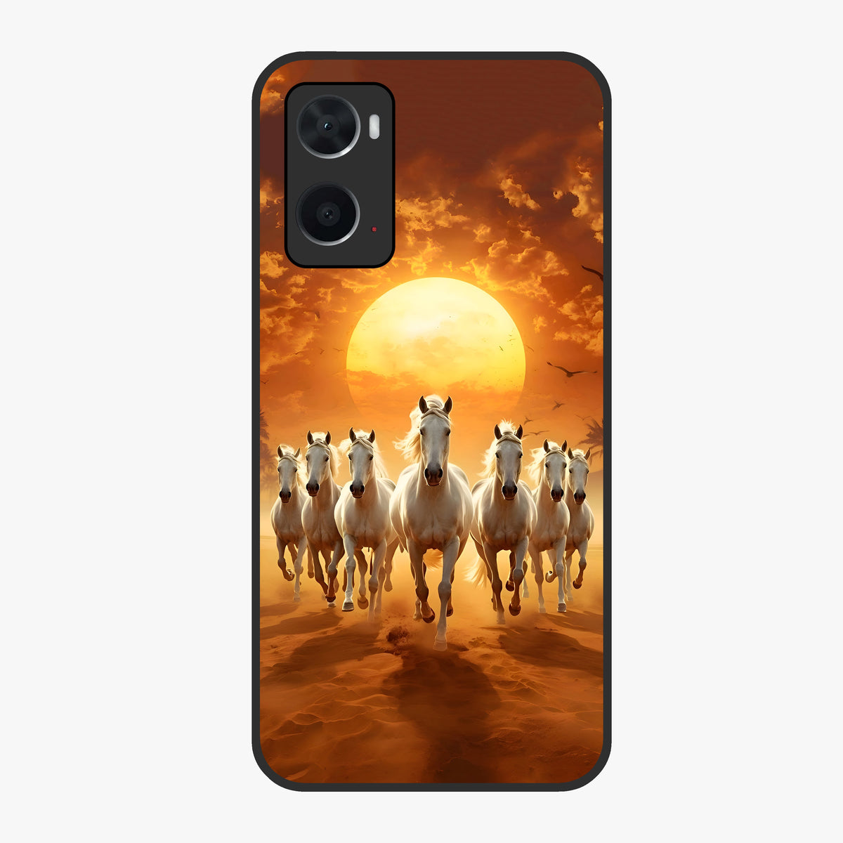 Wild Sunset Majesty Glass Case showing flat back view with majestic sunset landscape artwork and glossy glass finish.
