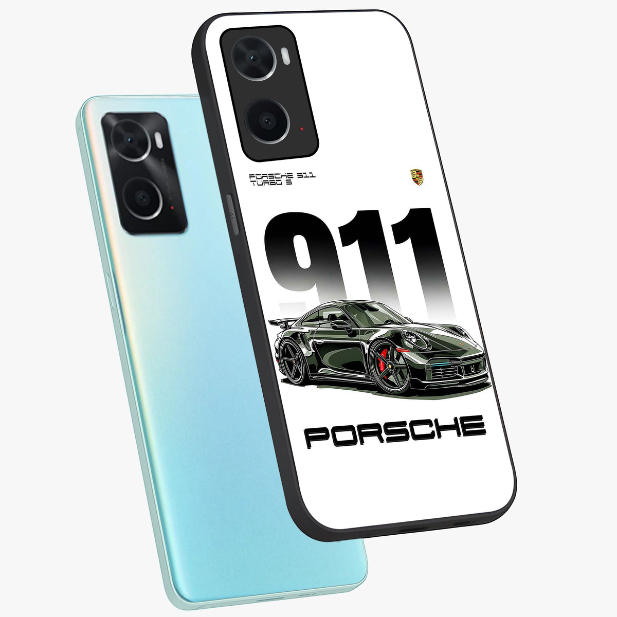 911 Turbo Dominance Glass Case displayed in premium angled mockup highlighting sporty car illustration and sleek glass surface.