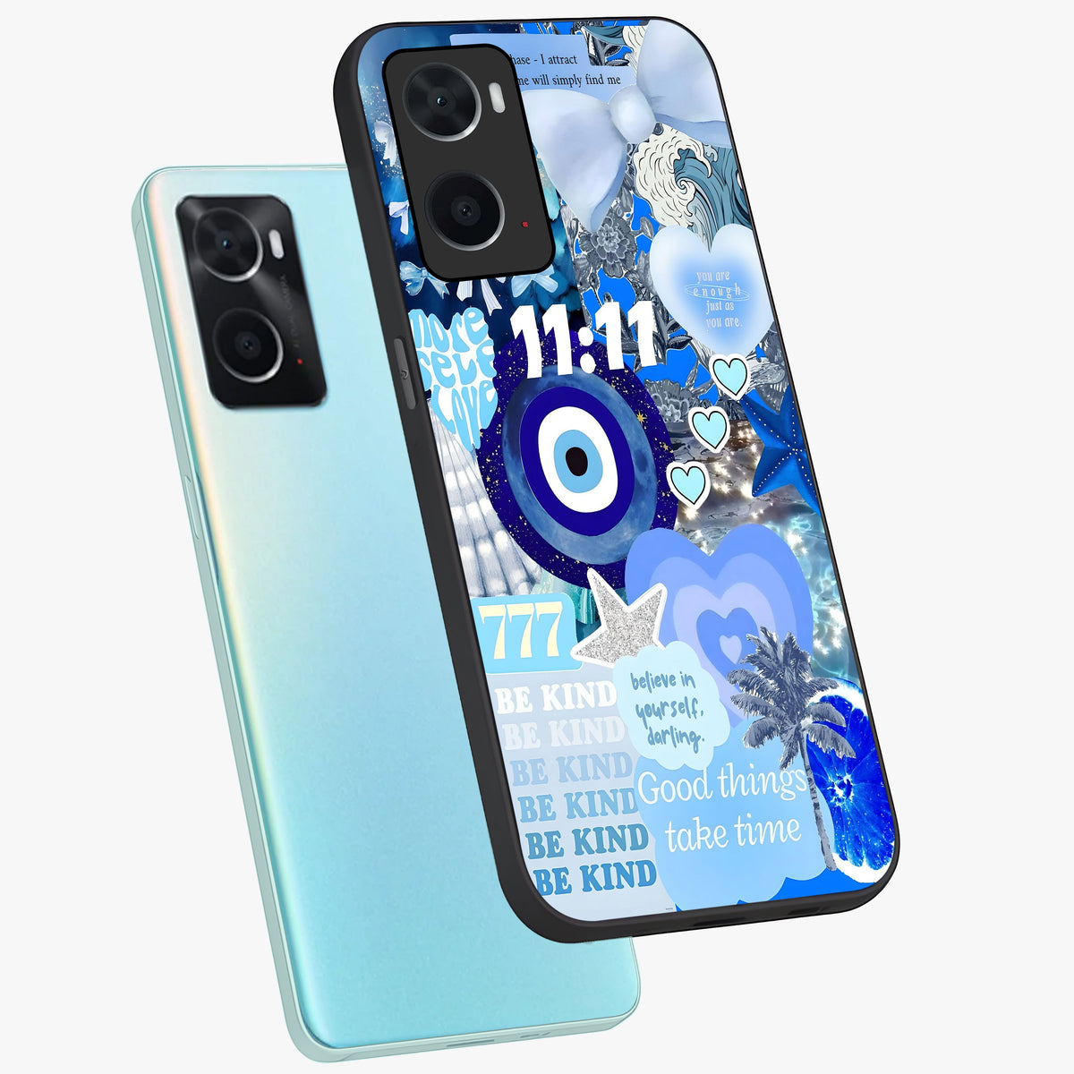 Aesthetic Be Kind Eye Glass Case displayed in angled mockup highlighting aesthetic eye design and inspirational vibe.