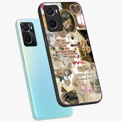 Aesthetic Brown Vintage Collage Glass Case displayed in angled mockup highlighting vintage aesthetic collage design.