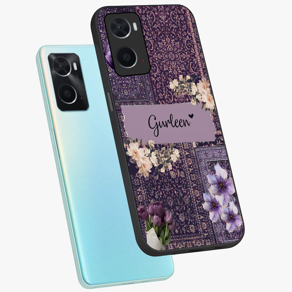 Antique Floral Whisper Custom Name Glass Case displayed in angled mockup highlighting elegant antique floral aesthetic.