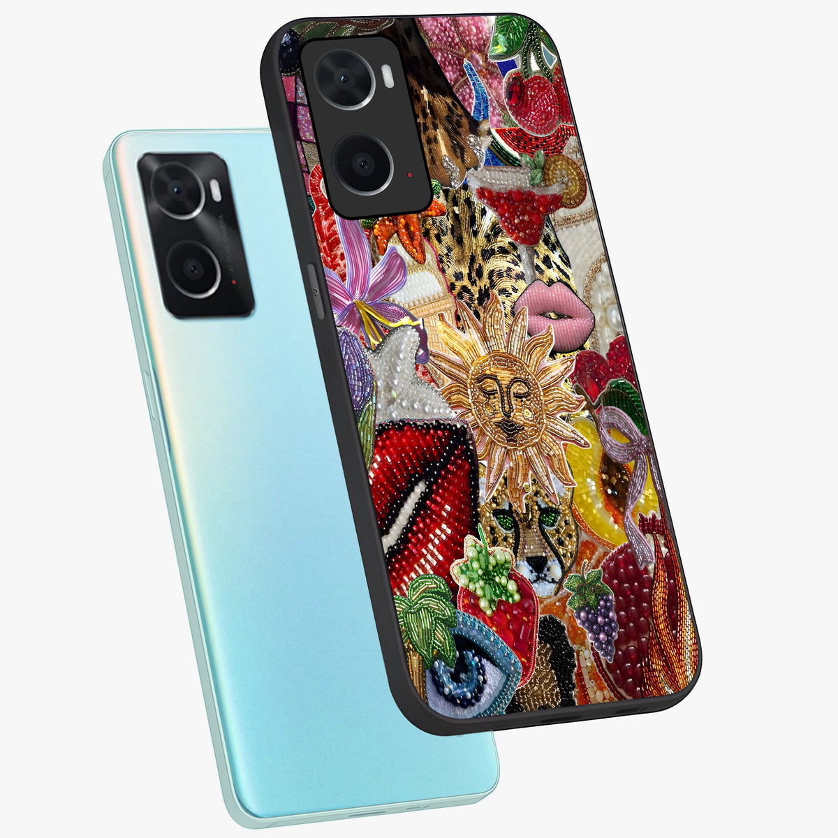 Beaded Fashion Jungle Glass Case displayed in angled mockup highlighting colorful fashion bead design and artistic pattern.
