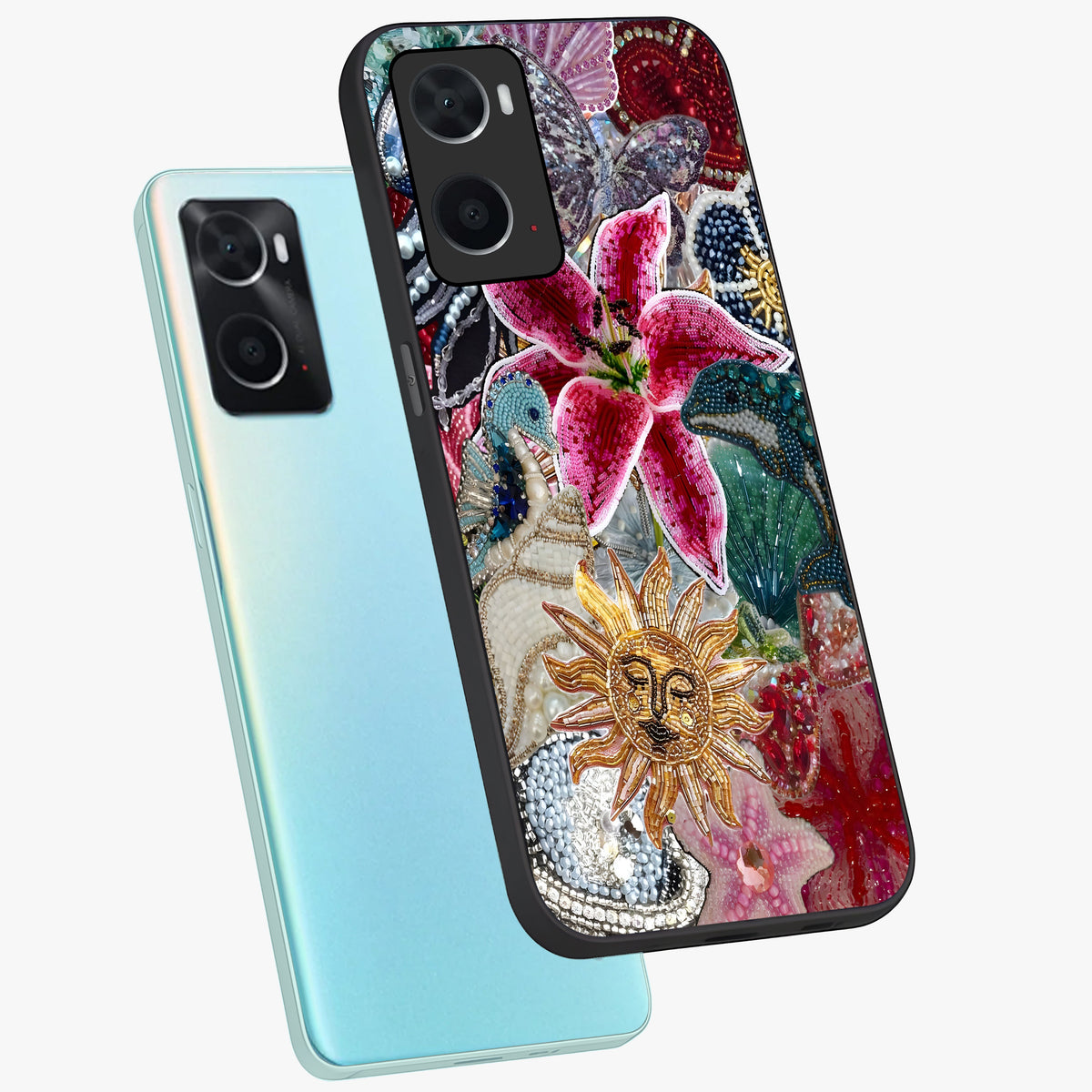 Beaded Garden Fantasy Glass Case displayed in angled mockup highlighting fantasy inspired floral bead pattern.