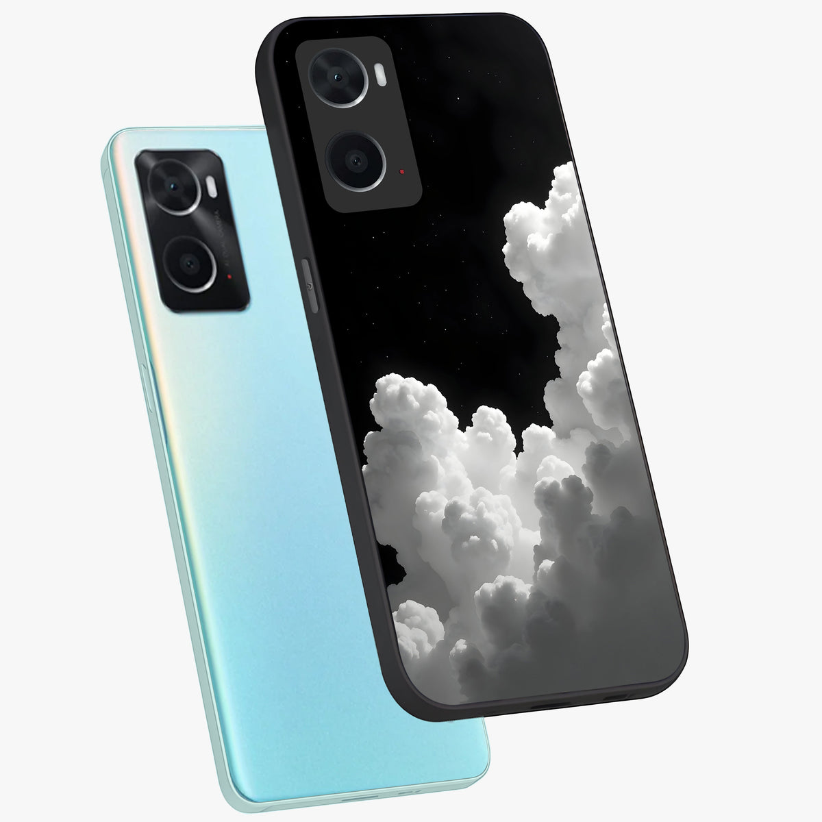 Black Background With White Cloud Glass Case displayed in angled mockup highlighting soft white cloud illustration and minimal design.