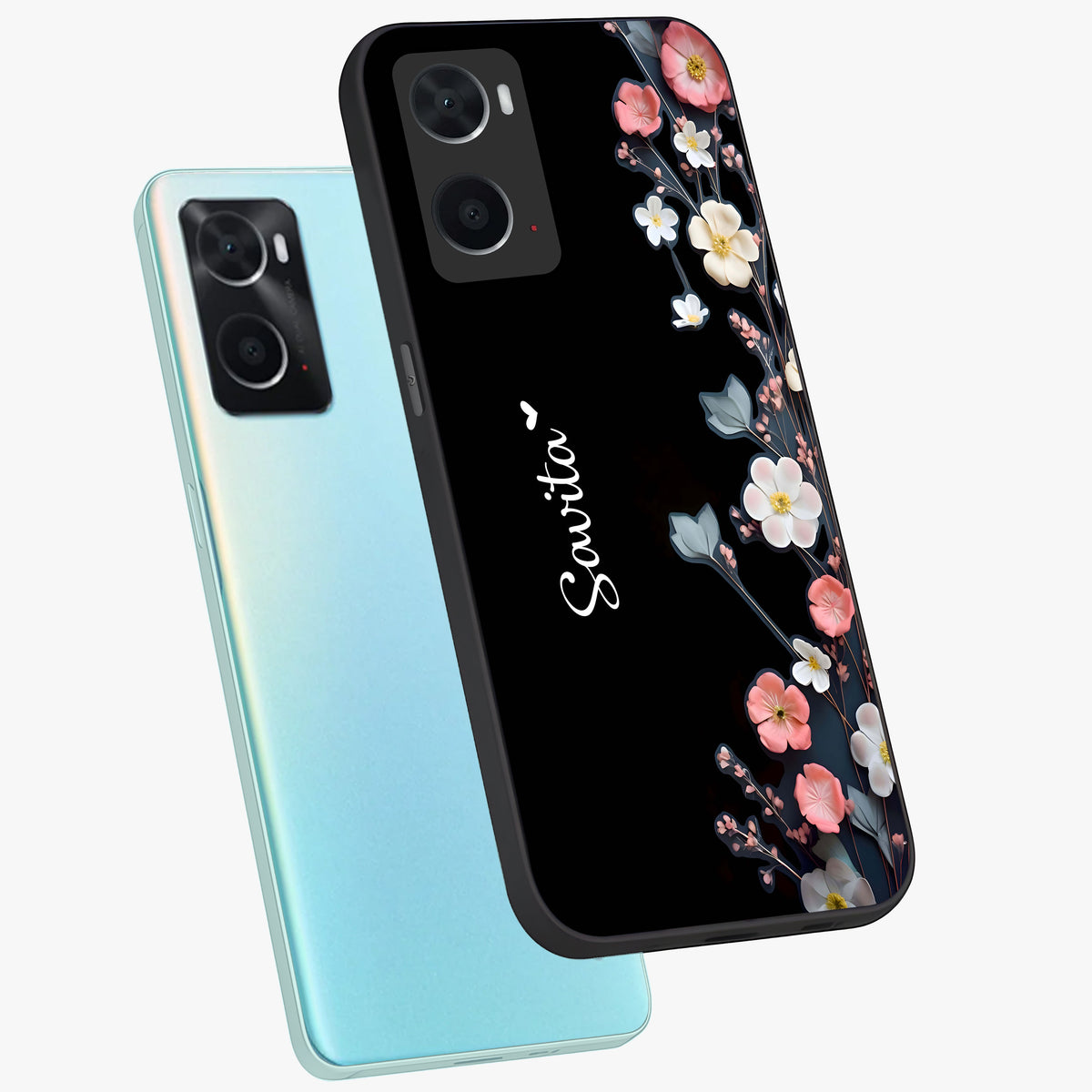 Black Elegance Floral Custom Name Glass Case displayed in angled mockup highlighting dark floral aesthetic and custom name feature.