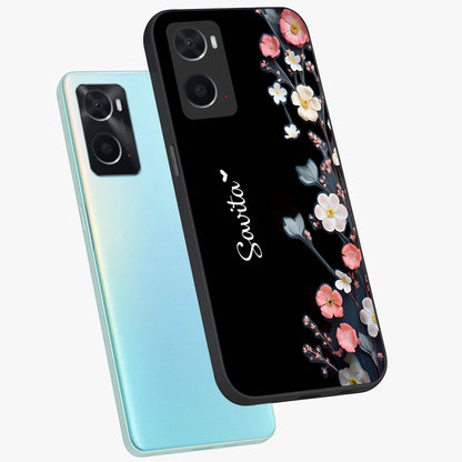 Black Elegance Floral Custom Name Glass Case displayed in angled mockup highlighting dark floral aesthetic and custom name feature.