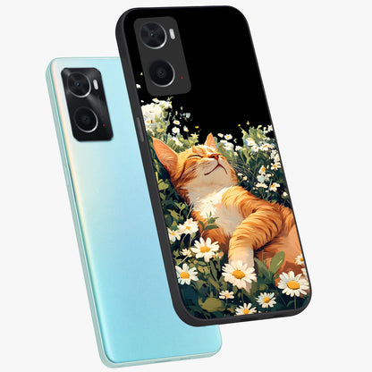 Blissful Bloom Cat Glass Case displayed in angled mockup highlighting playful feline illustration with soft floral aesthetic.