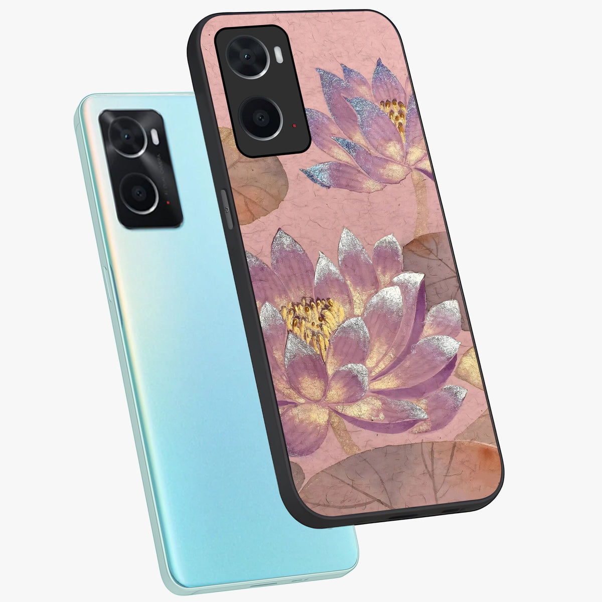 Blossom Mist Lotus Glass Case displayed in angled mockup highlighting delicate lotus illustration with calm aesthetic theme.