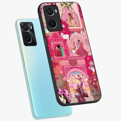 Blossoms of Rajasthan Glass Case displayed in angled mockup highlighting vibrant floral pattern with cultural aesthetic style.