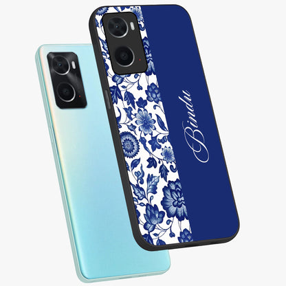Blue Vintage Floral Pattern Glass Case displayed in angled mockup highlighting subtle bloom pattern with aesthetic pastel design.