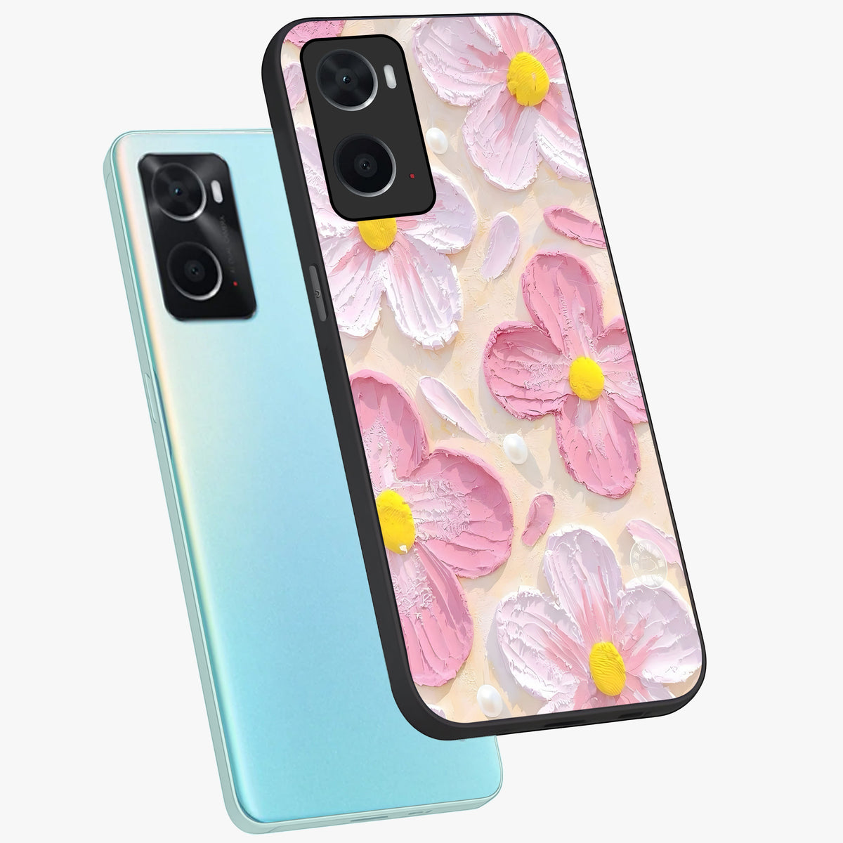 Blush Bloom Texture Glass Case displayed in angled mockup highlighting subtle bloom pattern with aesthetic pastel design.
