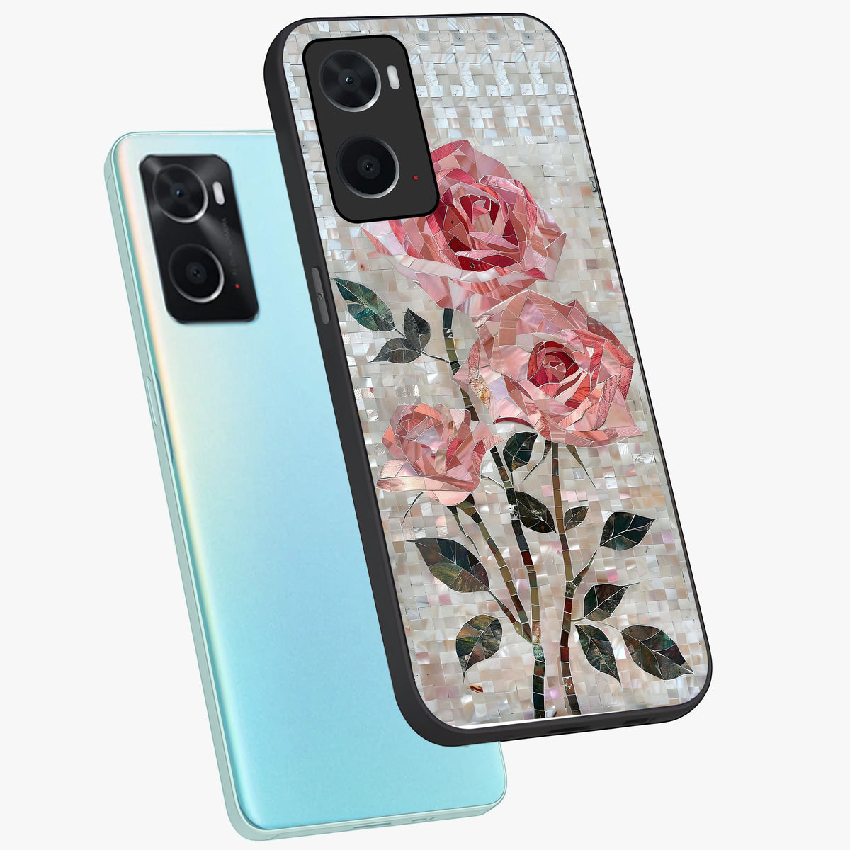 Blush Mosaic Bloom Glass Case displayed in angled mockup highlighting artistic mosaic flower pattern with aesthetic design.