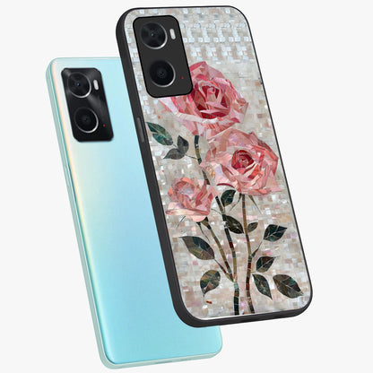 Blush Mosaic Bloom Glass Case displayed in angled mockup highlighting artistic mosaic flower pattern with aesthetic design.