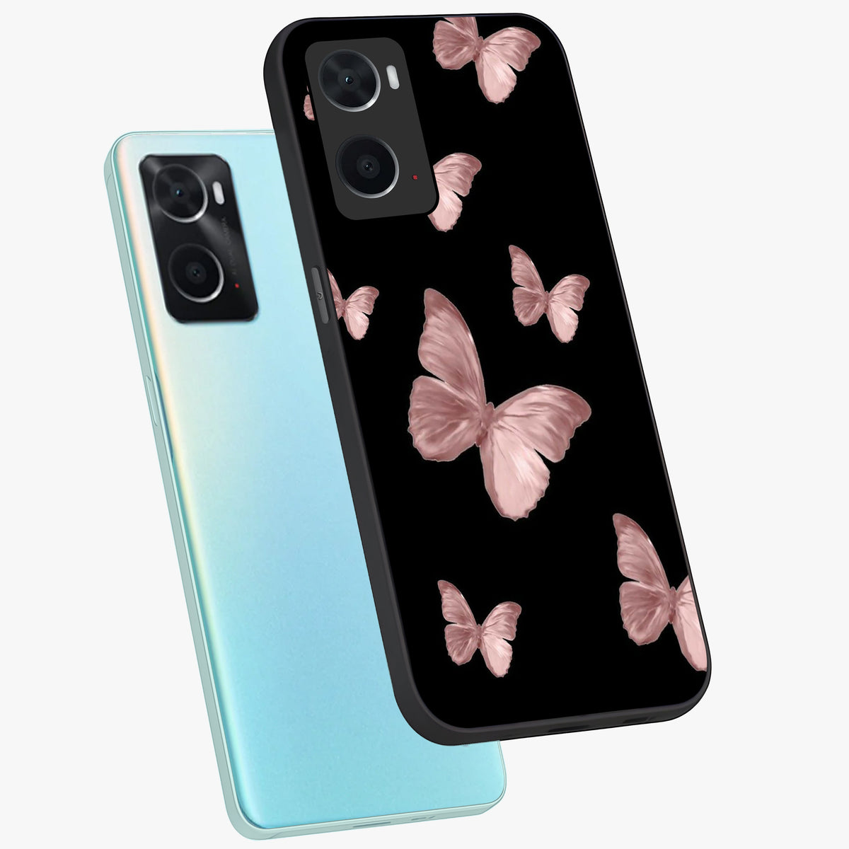 Butterfly Pattern Glass Case displayed in angled mockup highlighting delicate butterfly design and aesthetic pattern style.