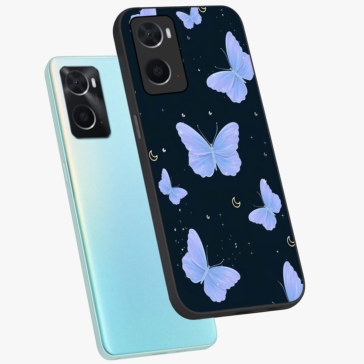 Butterfly With Stars Pattern Glass Case displayed in angled mockup highlighting dreamy butterfly and star design with aesthetic theme.