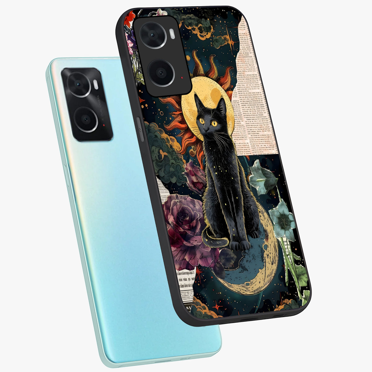 Celestial Black Cat Glass Case displayed in angled mockup highlighting cosmic black cat design with celestial aesthetic.